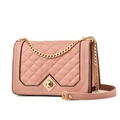 Pink quilted crossbody chain bag with golden geometric lock on a clean white background - Pink