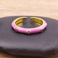 Adjustable 18K gold plated copper ring with pink enamel and sparkling zircon inlay - Pink