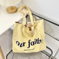 Sac cabas en toile jaune clair avec motif Our faith et doublure fleurie - Jaune