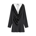 Elegantes schwarzes Satinkleid mit langen Ärmeln und drapiertem Wasserfall-Ausschnitt - XS / Schwarz