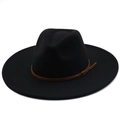 Close-up of a wide brim wool fedora hat featuring a brown leather decorative band - Black