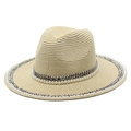 Close-up of beige straw fedora hat featuring elegant white pearl and silver stud band - M (56-58cm) / Beige