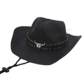 Classic black straw western cowboy hat with colorful woven band and silver bull head decor - Black