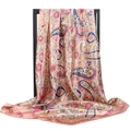 Pink paisley floral print silk square hijab 90x90cm on black display stand - Pink Paisley