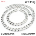 Polished silver stainless steel Cuban link necklace and bracelet set 9mm jewelry - Necklace 65cm + Bracelet 21cm (KS220807-Z)