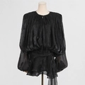 Detail of black satin pleated top featuring puff sleeves and tie collar on a mannequin - S / Dresses / Black