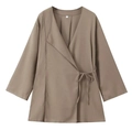 Detail view of khaki linen wrap top featuring side-tie design and inner size S label - XS / Khaki Jacket