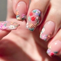 3D floral embossed press-on nails with hand-painted daisies and tulips on nude pink base - Oil Painting Embossed Floral Style (GZ-10-66)