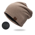 Khaki knit beanie with warm black fleece lining and brown F&S leather patch detail - Fleece Lined / Khaki