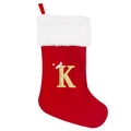 Detail of red velvet Christmas stocking with white trim and gold embroidered letter K - Large Letter K / 20 inch
