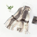 Cashmere-like plaid scarf in earth tones with tassels, stylish Korean autumn winter wrap - Light Gray Brown Stripe
