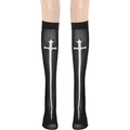 Détail de chaussettes hautes gothiques à motif croix blanche pour costume de religieuse - M / Chaussettes de Nonne Noires Uniques