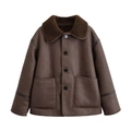 Giacca in finta pelle scamosciata marrone con collo in shearling e tasche - XS / caffè