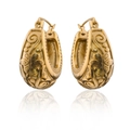 Elegant gold vintage metal hoop earrings with intricate floral relief carving and scrolls - Gold XLEH014 (Vintage Carved)