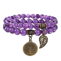 Three-layer purple crystal bead bracelet with tree of life and leaf metal charms - Purple Crystal