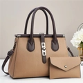 Women's 2-piece tote bag and wallet set in camel textured leather with dark brown handles - Khaki