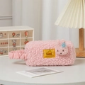 Detailed view of pink plush pencil case with cute rabbit and Lemon Cloud patch decoration - Pink