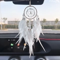 Exquisite white dreamcatcher car charm with crystal beads and soft feathers on mirror - White