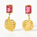 Pink rectangular zircon earrings with golden monstera leaf pendants for elegant women - Gold Pink Zirconia (KDE893)
