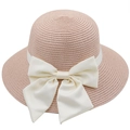 Sombrero de paja rosa elegante con gran lazo de satén blanco para mujer en verano - M (56-58cm) / Rosa