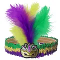 Mardi Gras feather headband with purple green and gold sequins for carnival party decor - One Size / Mask Badge Style B