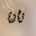 Detail of C-shaped leopard print fabric earrings with gold chain weave and zircon studs - Leopard Coffee (Silver Pin)