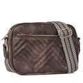 Brown quilted crossbody bag with V-shaped stitching and striped geometric strap - Coffee