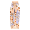 Detail of lavender floral wrap skirt with orange-pink flowers and large waist bow tie - One Size / Wrap Midi Skirt