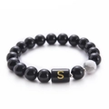 Black agate and white turquoise beaded bracelet with gold letter S charm accent - Letter S