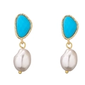 Baroque pearl drop earrings with blue gemstones and 18K gold plated brass frames - Turquoise