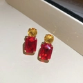 Detail of square red and round yellow crystal studs with gold-plated claw settings - Silver Earring Post - Red