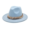 Detail of light blue wool fedora with thick rose gold chain link and flat brim - M (56-58cm) / Sky Blue