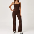 Women's dark brown yoga set featuring square neck tank top and flared leggings - S / 2044 Vest + 2030-2 Flared Pants - Coffee Brown