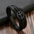 Macro shot of a black layered leather bracelet with a peace sign and magnetic clasp - Black/Matte Black