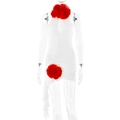Detail of red floral appliques and ruched fabric on a white halter mini dress - S / White