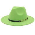 Detail of lime green wide brim fedora hat with black leather band and gold chain - M (56-58cm) / Fruit Green