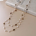 Double-layer necklace with white pearls, brown stones, and Saturn charm on gold chain - 8# Gold-White