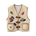 Vintage beige sherpa vest with floral patchwork details and wooden horn buttons - XS / Ginger Yellow