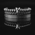 Men's 3-piece vintage titanium steel bracelet set with crown charm and Roman numerals - Black 6 Pineapple Beads