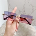Fashion rimless rectangular sunglasses with purple gradient lenses and gold metal frame - Gold Frame Purple Pink Lens