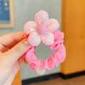 Pink sunflower hair scrunchie for girls with sequined plaid flower and bead charm - Princess Pink Sequin Flower