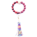 Detalle de llavero de pulsera de cuentas rojas de madera con borla y estampado leopardo - Estilo 4 (Rojo Vino Tinto Teñido de Nudo Borla)