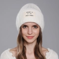 White winter rabbit fur knit beanie with stitched letter patch for women fashion - White