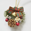 Christmas mini wreath with pine needles, red-green plaid bow, golden bell, and pine cones - Small Plaid Ribbon Wreath 9cm