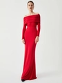Elegante rode off-shoulder maxi-jurk met lange mouwen en een slanke geplooide textuur - S / Rood