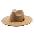 Khaki wide brim faux suede fedora hat with yellow crocodile textured belt and metal buckle - M (56-59cm) / Camel Suede