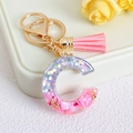 Pink glitter resin letter C keychain with tassel and golden metal ring - Letter C / Pink