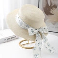 Cappello di paglia a cima piatta beige con fiocco in chiffon floreale decorativo - 55-57cm (Regolabile) / Bianco Sporco (Nastro Floreale)
