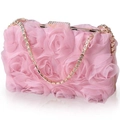 Pink chiffon floral evening clutch bag with sparkling diamond accents and gold chain strap - Pink