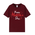 Short sleeve burgundy Mother's Day T-shirt with heart graphic and festive script - XS / Tops / Burgundy